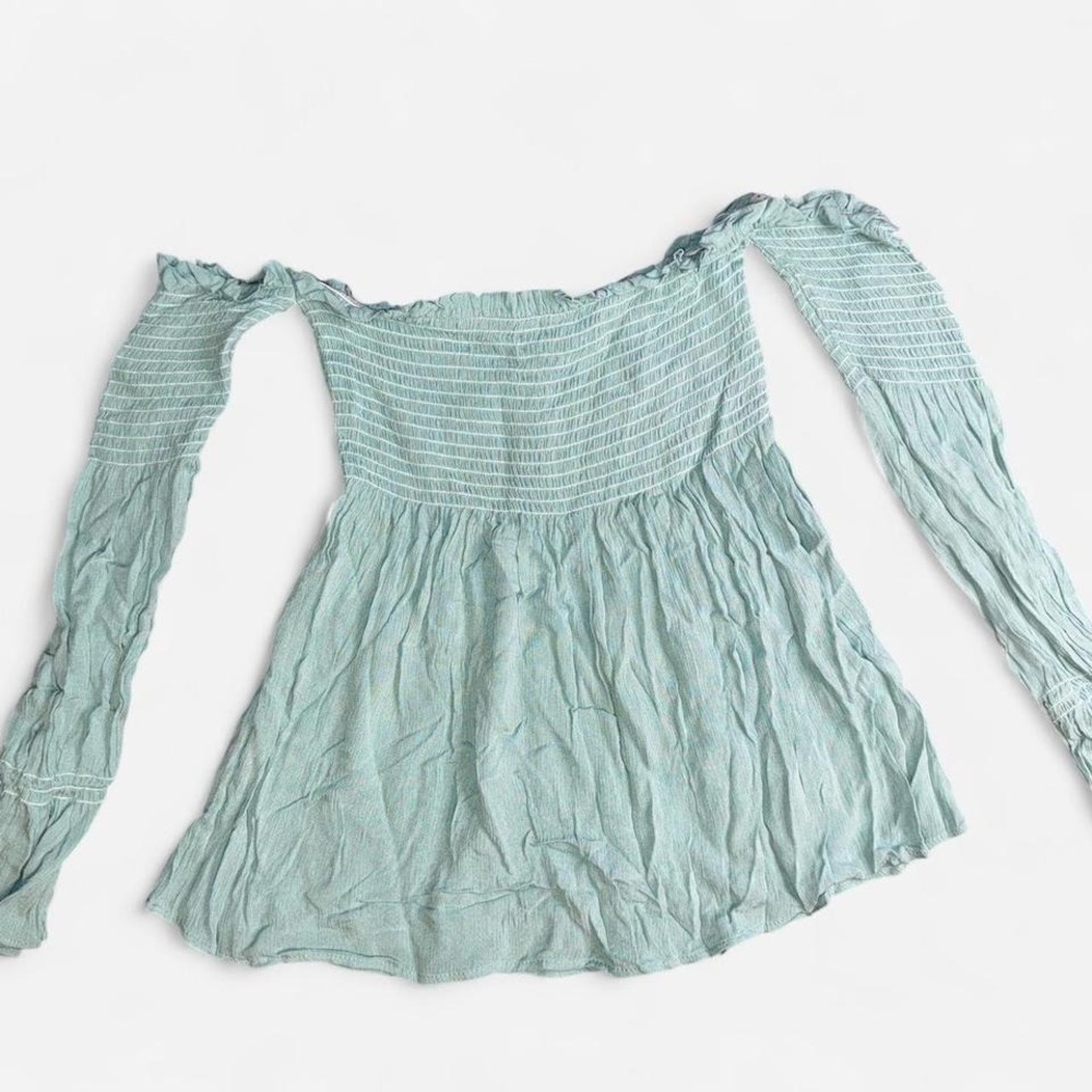 Small Teal Blue Off-The-Shoulder Long sleeve Blouse,